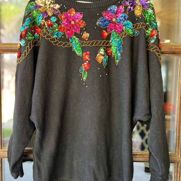 Vintage 80's 90's sequins Diana Marco Black Sweater sz 24 medium large - Picture 3 of 12